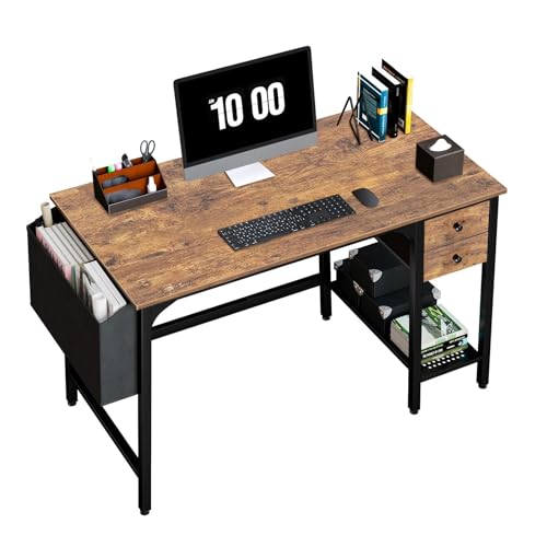 Lufeiya Computer Desk with Drawers - 40 Inch Work Reversible Small Desk for Bedroom Home Office, Simple Study Writing Table PC Desks with Drawer Storage Shelves, Rustic Brown - color: Rustic Brown, size: 40 inch
