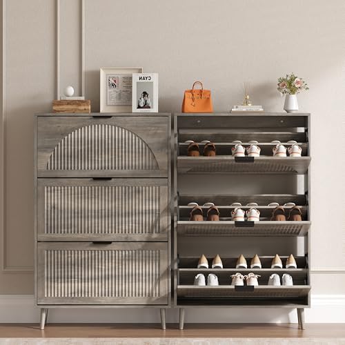 BORNOON Shoe Cabinet for Entryway with 3 Flip Drawers, Slim Wooden Shoe Storage Organizer with Modern Fluted Pannel，Freestanding Narrow Hidden Shoe Rack for Hallway, Foyer, Living Room - color: Grey, size: 3 Flip Drawers