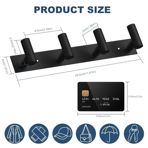 VAEHOLD Hat and Coat Wall Mount Rack - 4 Hooks for Robes, Bags, Keys, and Towels - Bathroom Towel Hanger Organizer -Black - color: Black, size: “T“ Shape 4 Hooks 1 Pack