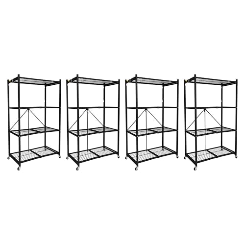 Origami 4 Pack 4 Tier Foldable Metal Garage Storage Shelf Rack, Wheels & Powder Coated Steel, Black - color: Black, size: 4-Pack