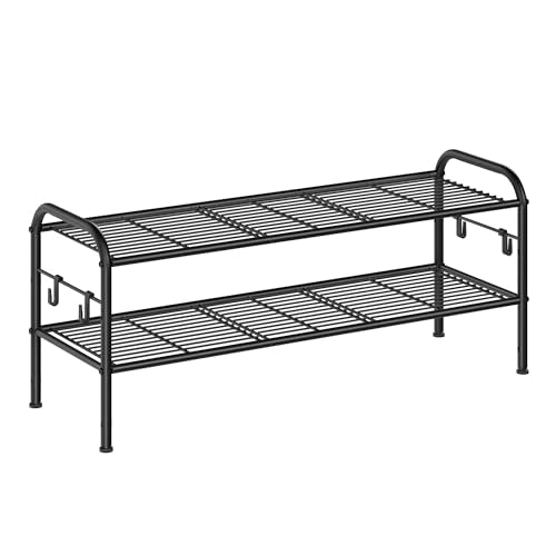 SONGMICS Shoe Rack, 2-Tier Shoe Organizer, Metal Shoe Shelf Storage with 4 Side Hooks, Holds 12 Pairs of Shoes, Height-Adjustable Shoe Rack for Entryway, Hallway, Closet, Ink Black ULMR128B01 - color: Ink Black, size: 2 Tiers (33.5"W)