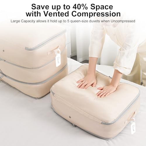 DIMJ Comforter Storage Bag - Large Capacity Ultra Space Saving Self Compression Organize for Duvet, Pillow, Bedding, Blanket Storage Organizer Nylon Compression Bags, Sheet Storage, Beige, 4 Pack - color: Beige, size: 110L x 4 Pack