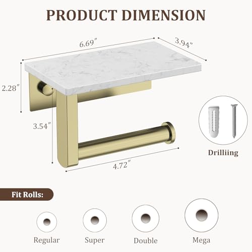 BWE Brushed Gold Toilet Paper Holder with Marble Shelf, Toilet Paper Roll Holder Wall Mounted, Toilet Paper Roll Holder with Phone Shelf 304 Stainless Steel Tissue Holder for Bathroom Washroom - color: Brushed Gold
