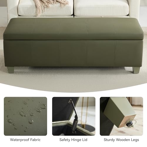 WUTUTUEE 51" Faux Leather Storage Ottoman, Stitch Tufted Rectangle Upholstered End of Bed Storage Bench, Entryway Large Couch Ottoman with Wooden Legs,Green - color: Green, size: 51 Inch