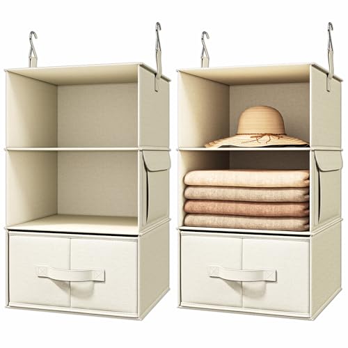 Vailando 3-Shelf Hanging Closet Organizer, Set of 2 Hanging Shelves with 2 Drawers for Wardrobe, Nursery, Baby Clothes Storage and Organization, Beige - color: Beige, size: 3-Shelf Set of 2