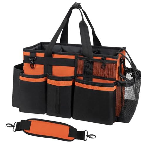 SCAVATA Wearable Cleaning Caddy, Cleaning Caddy Supplies Organizer with Handle & Shoulder Straps for Housekeepers, Under Sink & Car Cleaning Tool Organizers Bag with 4 Foldable Divider (RetroOrange) - color: RetroOrange