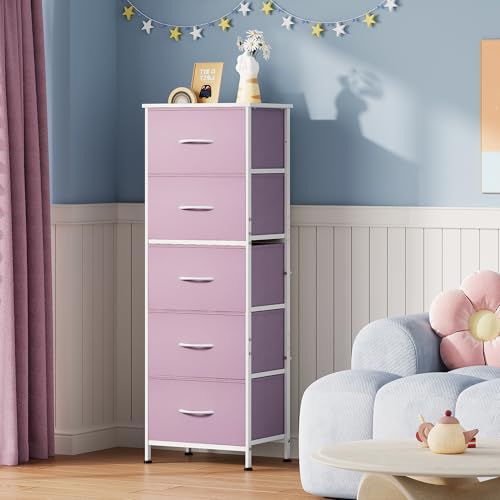 WLIVE Fabric Dresser for Bedroom, 5-Drawer Tall Dressers, Storage Organizer with Fabric Bins, Wood Top, Sturdy Steel Frame, Chest of Drawers for Closet, Hallway, Cloudy Pink - color: Cloudy Pink