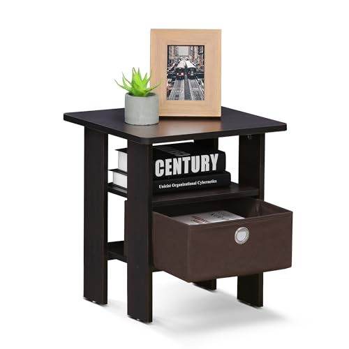 Furinno Andrey Set of 2 End Table / Side Table / Night Stand / Bedside Table with Bin Drawer, Dark Walnut - color: Dark Walnut, size: 2-Pack, Center Bin