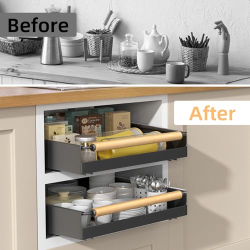 2 Pack 15.3'' Deep Expandable Slide Out Cabinet Shelf No-Drill Pull Out Drawer with Nano Film Adhesive, Heavy Duty Pull Out Tray for Kitchen, Pantry & Bathroom, Black - color: 2 Pack Black