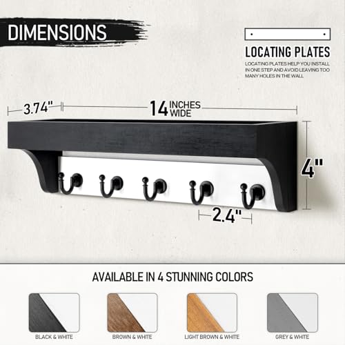 Rebee Vision Key Holder Wall Mount with Shelf - Decorative 2-Color Key Rack with 5 Rustic Key Hooks and Primitive Wood Mail Organizer Wall Mount - Modern Farmhouse Entryway Decor (Black & White) - color: Black&White
