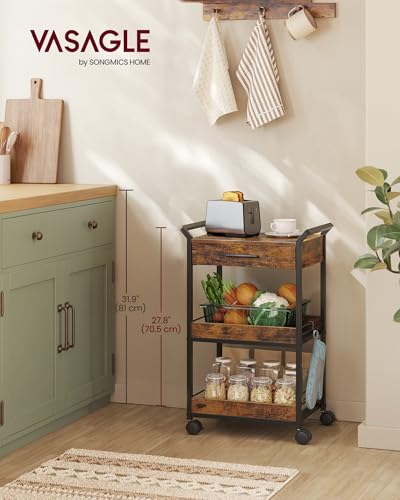 VASAGLE Storage Cart, 3-Tier Rolling Utility Cart with Table Top, Handles, 4 Lockable Casters, Top Drawer, Mesh Shelves, for Kitchen, Bathroom, Bedroom, Rustic Brown and Ink Black ULRC048K01 - color: Rustic Brown + Ink Black, size: 3 Tiers (27.8"H)