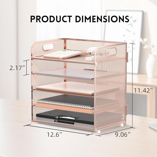 Supeasy 5 Trays Paper Organizer Letter Tray with Handle-Mesh Desk File Organizer, Paper Sorter Desk Organizer for Office, Home or School (Rose Gold) - color: Rose Gold