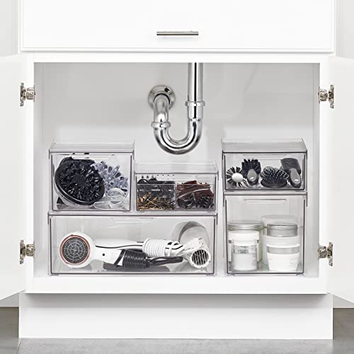 mDesign Plastic Stackable Bathroom Storage with Pull Out Bin Organizer Drawer for Cabinet, Vanity, Shelf, Cupboard, Cabinet, or Closet Organization - Lumiere Collection - 8 Pack - Clear - size: 12 x 8 x 8 (Pack of 8)