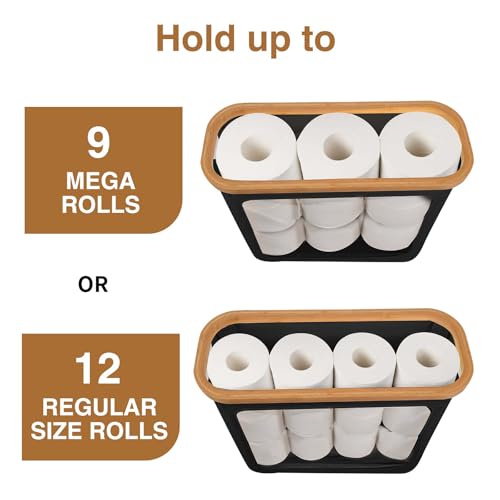 Toilet Paper Storage with Bamboo Lid,Foldable Basket Organizer for Bathroom, Holds 9 Mega/12 Regular Rolls, Waterproof Toilet Paper Holder Storage with Non-Slip Base,Black - color: Black
