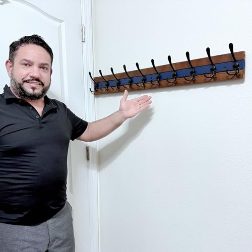 SKOLOO Rustic Wall Mounted Coat Rack - 38-1/8" Long Coat Hooks for Wall with 10 Triple Hooks for Hanging Coats, Hats or Tools, Western National Parks Collection, Wood Brown & Blue - color: Blue & Brown Plates & Black Hook, size: 1 Item-10 Hooks