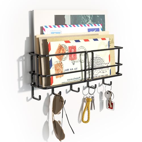 SRIWATANA Key Holder for Wall, Mail Organizer Wall Mount with Metal Storage Basket, Key Holder with 5 Hooks for Entryway, Office, Home Decor, Black - style: Large