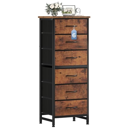 DUMOS 6 Drawers Dresser for Bedroom with Wheels, Fabric Storage Cabinet Organizer with Removable Fabric Bins, Sturdy Steel Frame for Living Room, Office, Entryway, Closets, Brown - color: Rust, size: 11.8"D x 15.7"W x 39.4"H (6 Drawers)
