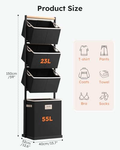 SOLEDI 4 Section Laundry Hamper Sorter, Stackable Laundry Basket Organizer with Removable Basket, 125L 4-Tier Vertical Laundry Sorter for Small Space, Laundry Room, Dorm, Bathroom, Wardrobe Black - color: Black