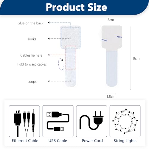 Abnii 50 PCS Hook and Loop Cable Ties, Under Desk Cable Management, Self Adhesive Cable Clips Straps, Sticky-Back Cord Organizer, Wire Organizer for TV PC Laptop Ethernet Desktop, White - color: White