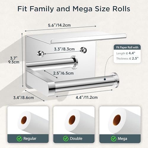 FORIOUS Toilet Paper Holder with Shelf, Adhesive or Screw Wall Mount Toilet Roll Holder for Bathroom, Rustproof 304 Stainless Steel Commercial Toilet Tissue Holder with Phone Shelf, Chrome - color: Chrome