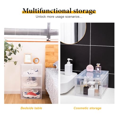 Attelite Shoe Box,Set of 6,Stackable Plastic Clear Shoe Box Organizer with Magnetic Door,Shoe Storage Box Thicken Sturdy,Easy Assembly,Fit up to US Size 12,Black - color: Clear Black, size: XL-6-pcs