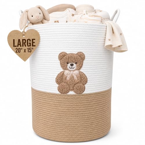 Teddy Bear Large Laundry Hamper for Nursery – 20"x15" Cotton Rope Woven Basket with Handles – Baby Clothes Hamper, Blanket Storage, Stuffed Animal Organizer – Gender Neutral Nursery Decor - color: Neutral Teddy