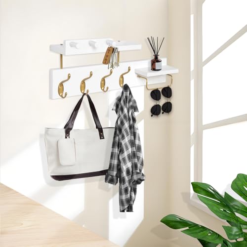Coat Rack Wall Mount with Shelf, 4 in 1 Wood Coat Hooks with Key and Mail Holder, 17 Inch Entryway Hanging Shelf with Sunglasses Holder and 4 Metal Hooks for Clothes Hats Bag, White and Gold - color: White