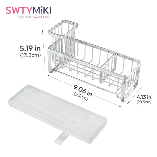 SWTYMIKI Sponge Holder for Kitchen Sink - Sink Caddy with Brush Holder Self-draining Sponge Caddy Organizer with Divider Stainless Steel Kitchen Accessories Storage for Countertop, Silver - color: Silver