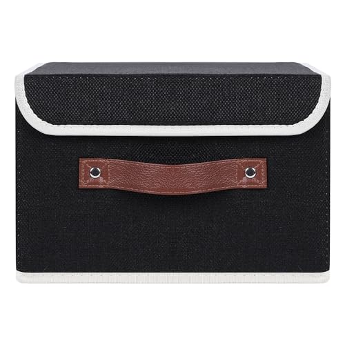 ANMINY Storage Bin with Lid Storage Boxes with PU Leather Handles PP Plastic Board Decorative Foldable Lidded Cotton Linen Fabric Home Cubes Baskets Closet Organizer Container - Black, Small Size - color: Black, size: Small (Pack of 1)