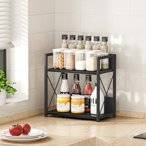 Giikin Countertop Organizer, 2 Tier Coffee Station Organizer for Desktop, Wood Counter Shelf Spice Rack for Kitchen (Black, M) - color: Black, size: Medium