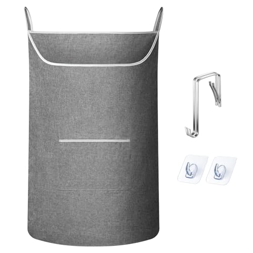 SAVERHO X-Large Hanging Laundry Hamper Bag, Door Hanging Hamper with Front Pocket Dirty Clothes Hanging Laundry Bag Large Size 35X22 inch Door Laundry Basket (Grey) - color: Grey