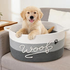 Woof Dog Toy Basket with Handles, Large Dog Toy Storage Bin with Paw Print, Woven Dog Basket for Blankets, Toys, Chews, Pet Toy Box for Nursery, Living Room, Bedroom, 17”x12”x9, Grey - color: Grey
