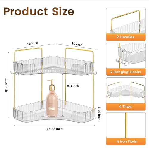 Corner Bathroom Counter Organizer 2 Tier Bathroom Organizers and Storage Countertop with Hooks Skin Care Exquisite Vanity Organizer Countertop Bathroom Storage Dresser, Kitchen-Clear - color: Clear, size: 2 Tier