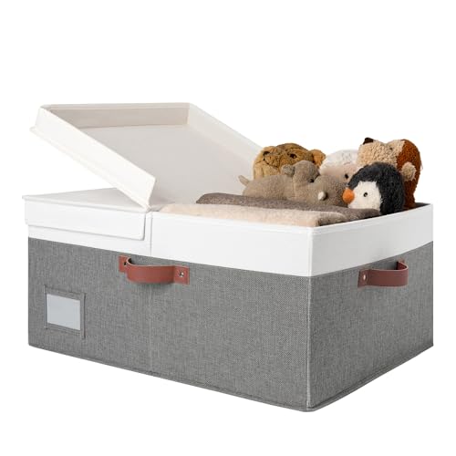 GRANNY SAYS Decorative Storage Boxes with Lids, Collapsible Large Closet Storage Bins with Label, Fabric Storage Bins for Clothes, White&Gray - color: Dark Gray&Ivory, size: Extra Large - 1 Pack