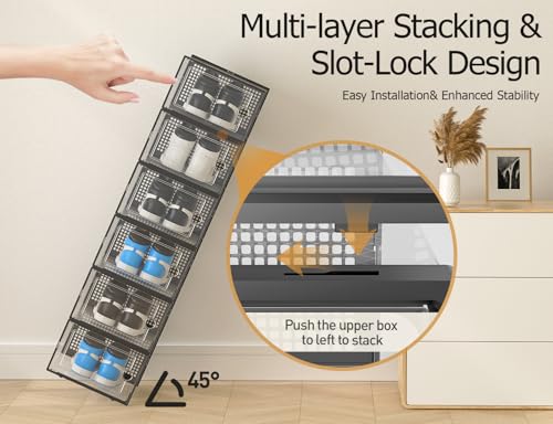 Kuject XX-Large Shoe Storage Boxes Organizers Clear Plastic Stackable 12 Pack, Shoe Rack & Holder Substitute, Sneaker Containers, Shoe Storage Organizer Bins for Closet, Under Bed, Black(No Fold Line) - color: Black, size: XX-Large