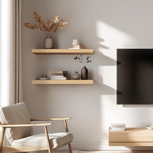 INHABIT UNION Oak Floating Shelves for Wall，24in Wall Mounted Display Ledge Shelves Perfect for Bedroom, Bathroom, Living Room and Kitchen Decoration Storage (Oak, Set of 2) - color: Oak, size: 24 Inch