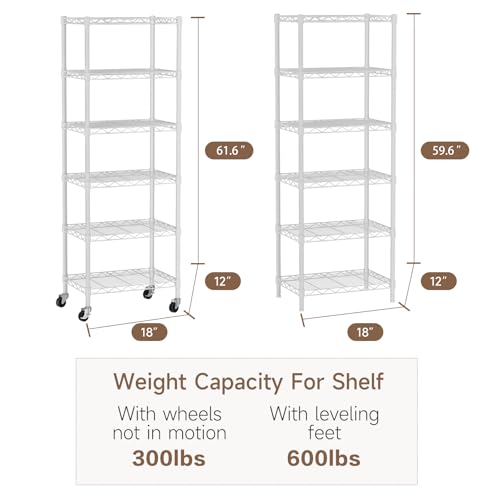 Golpart Small 6 Tier Shelf Storage Wire Shelving Unit Metal Shelves Adjustable Organizers Storage Shelving with Wheels for Bathroom Laundry Room Kitchen Pantry12”D x 18”W x 61.6”H White - color: White, size: 5 shelves (12 "D X 18 "W X 61.6 "H)