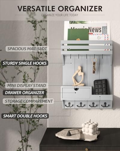 Rebee Vision Decorative Key Holder Wall Mount with Small Drawer Organizer - Modern Mail Organizer with 9 Key Hooks and Wall Shelf for Home Decor - Stylish Apartment Essentials (Gray) - color: Gray, style: Small Drawer