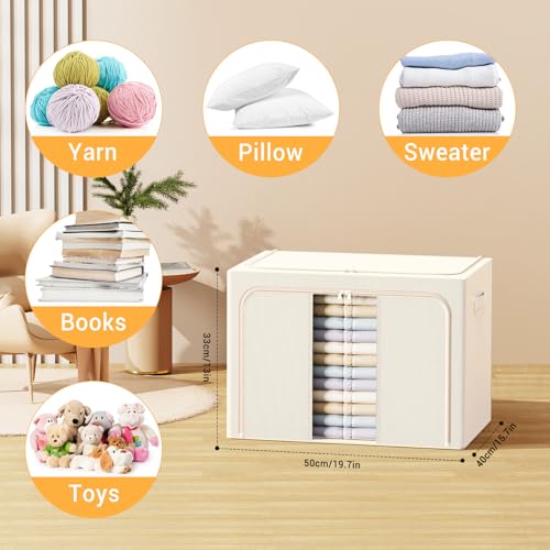 Clothes Storage Bins with Metal Frame, Foldable Clothes Organizers Storage Containers for Clothes, Sheets, Blankets, Pillows and Towels (66L, 3 Pack) Beige - color: Beige, size: 66L（19.7“X15.7"X13"）