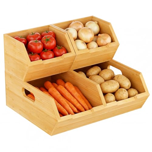 Bamboo Pantry Storage Bins for Vegetables, Potato and Onion Storage Bin for Pantry, Produce Bins for Kitchen Counter