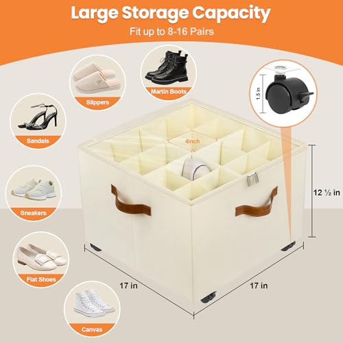 Shoe Organizer for Closet, 2 Pack Shoe Storage Organizer with Wheels and Adjustable Dividers, Stackable Shoe Storage Box with Clear Cover, Foldable Closet Shoe Organizer Fits up to 16-32 Pairs, Beige - color: Beige, size: 17"L x 17"W x 12 ½"H-2 Pack