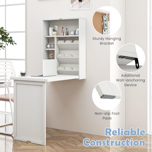 Tangkula Foldable Wall Mounted Desk, Floating Table with Storage Shelves & Hooks, Space-Saving Fold-Up Murphy Desk for Small Spaces, Home Office, Dorm Room - color: White