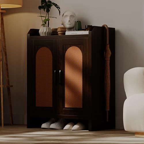 Mericonia Shoe Cabinet Storage for Entryway, Natural Rattan Storage Cabinet, Wooden Shoe Rack, Farmhouse Boho Wood Shoe Organizer Cabinet for Hallway Walnut - color: Walnut, size: 5-tier