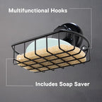 HASKO accessories Suction Soap Dish with Hooks - Super Powerful Vacuum Suction Cup Shower Soap Holder - Rustproof Stainless Steel SS304 Soap Basket - Sponge Holder for Bathroom & Kitchen (Black) - color: Black