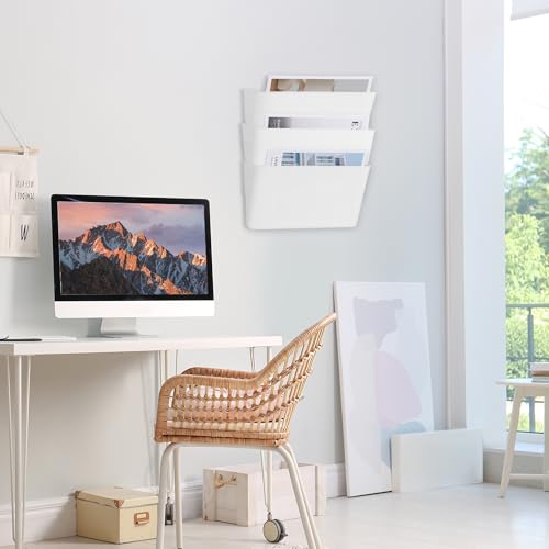 EASEPRES 3 Pack White Plastic Single Pocket Hanging File Organizer, Wall Mount Paper Mails Magazines Holder, Mounted Folder Bins for Office School and Home, 12.99x4.13x7.48 inches - color: White, size: 3 Pack