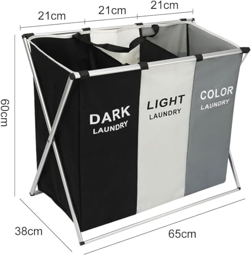 TEEM 3-Section Laundry Basket Organizer, Foldable Hamper with Dividers, 150L Large Capacity, Waterproof 600D Oxford Fabric, Freestanding Lightweight Clothes Sorter Bedroom, Dorm, Bathroom (24x15x26in)