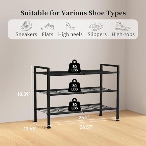 3-Tier Adjustable Shoe Rack, 26.5-Inch Wide Metal Storage Organizer for Closet Entryway, Heavy-Duty Stand for Shoes, Books, or Plants - Easy Assembly (Black) - color: Black, size: 3 Tier