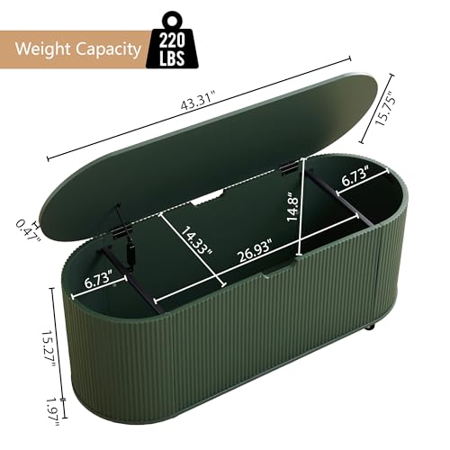 Fluted Storage Bench with 4 Wheels, 43.3” Oval Storage Chest with Safety Hinges, Modern Wooden End of Bed Bench, Large Storage Trunk Toy Chest with Lift Top for Entryway Bedroom Living Room, Green - color: Green