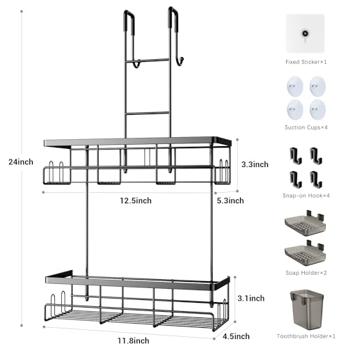 Aitatty Over the Door Shower Caddy Hanging: Black Rustproof Shower Organizer over the Door - No Drilling Bathroom Rack for Inside - color: Black