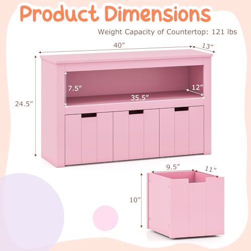 GLACER Toy Storage Organizer, Wooden Montessori Shelf with 3 Movable Drawers, Hidden Wheels, Toy Box for Boys and Girls, Kids Storage Organizer for Playroom, Nursery, Kindergarten, Living Room (Pink) - color: Pink